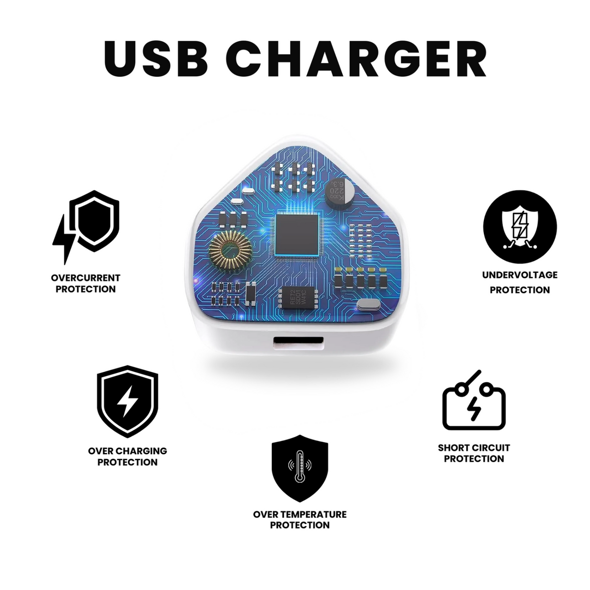 USB plug chargers in white color with all its features written along.