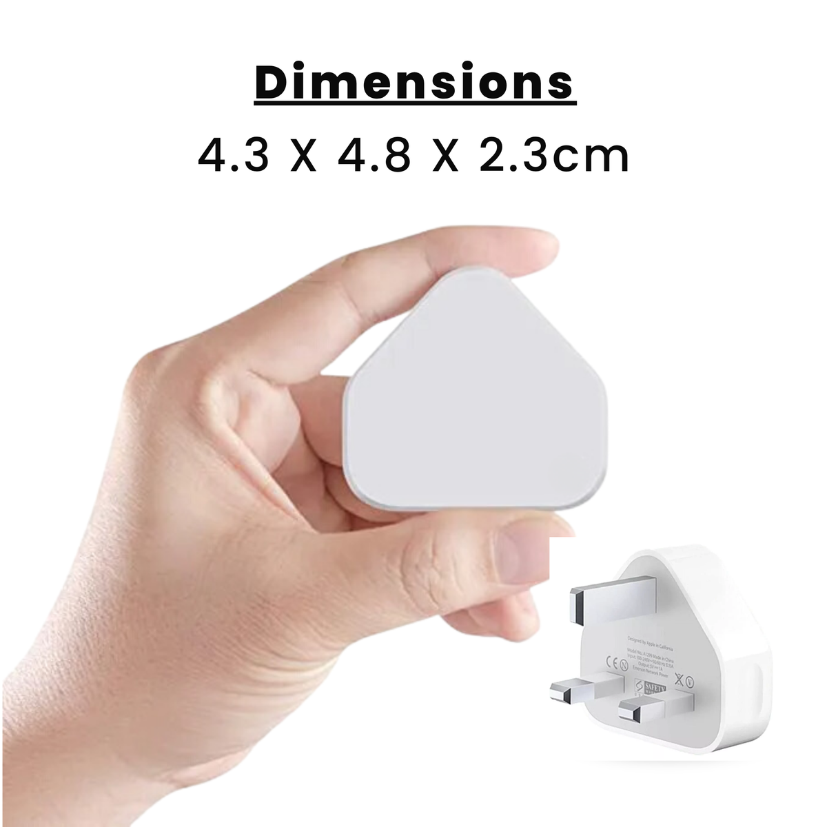 USB plug charger in white color with its dimensions.