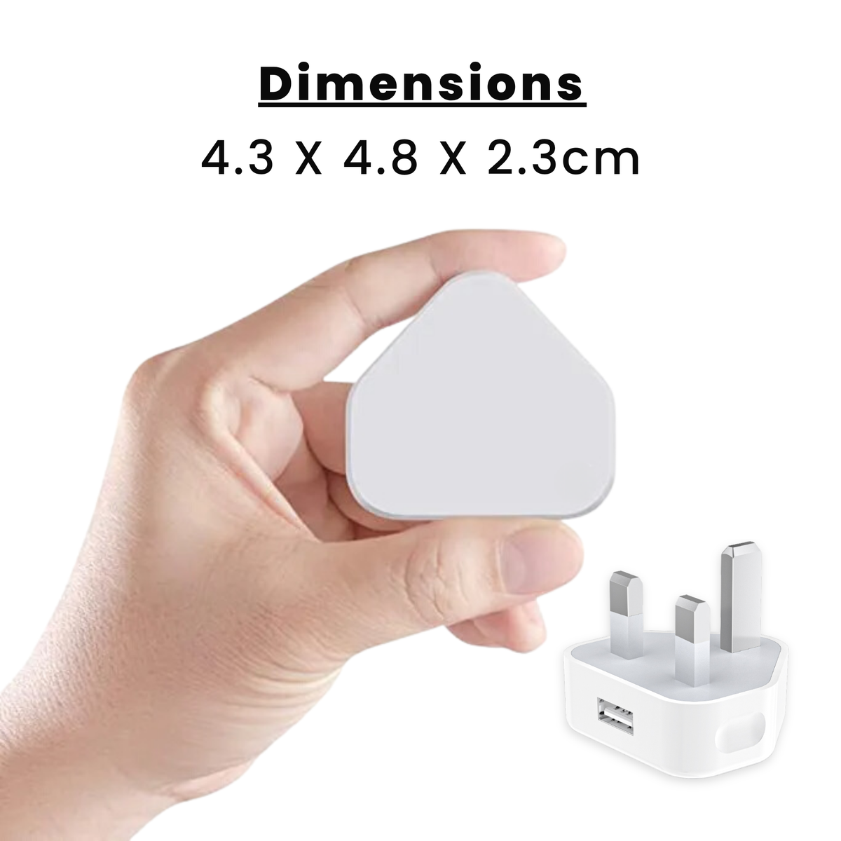 USB plug charger in white color with its dimensions.