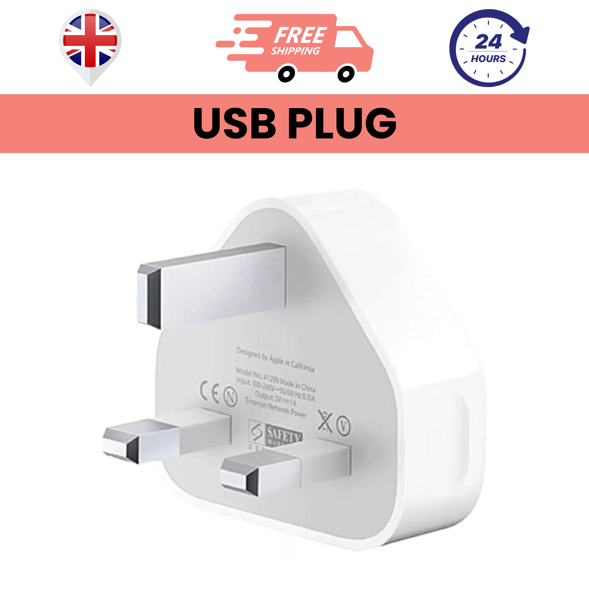 A white USB plug with a 3-pin mains connector.