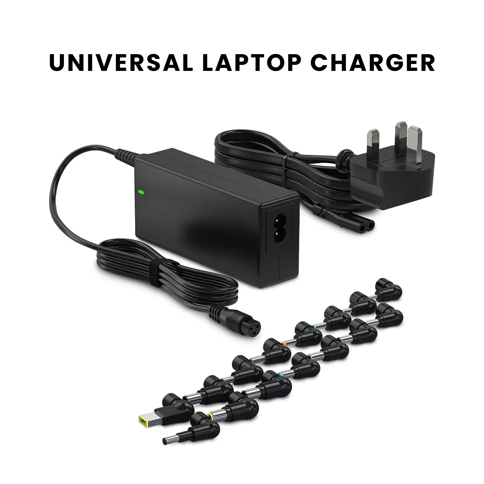 A black universal laptop charger with interchangeable connectors and multiple USB ports, alongside a UK power cable.