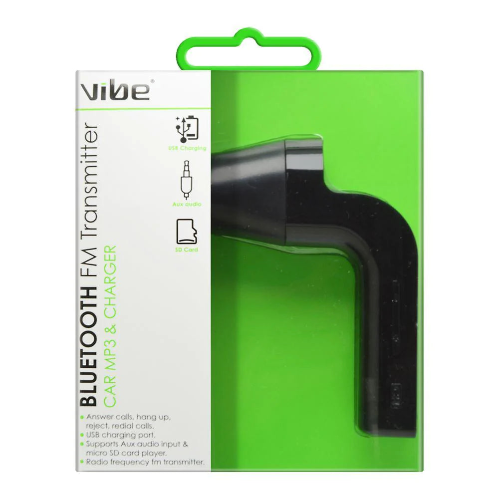 Packaging of the Vibe Car FM Transmitter showing the product and its features.