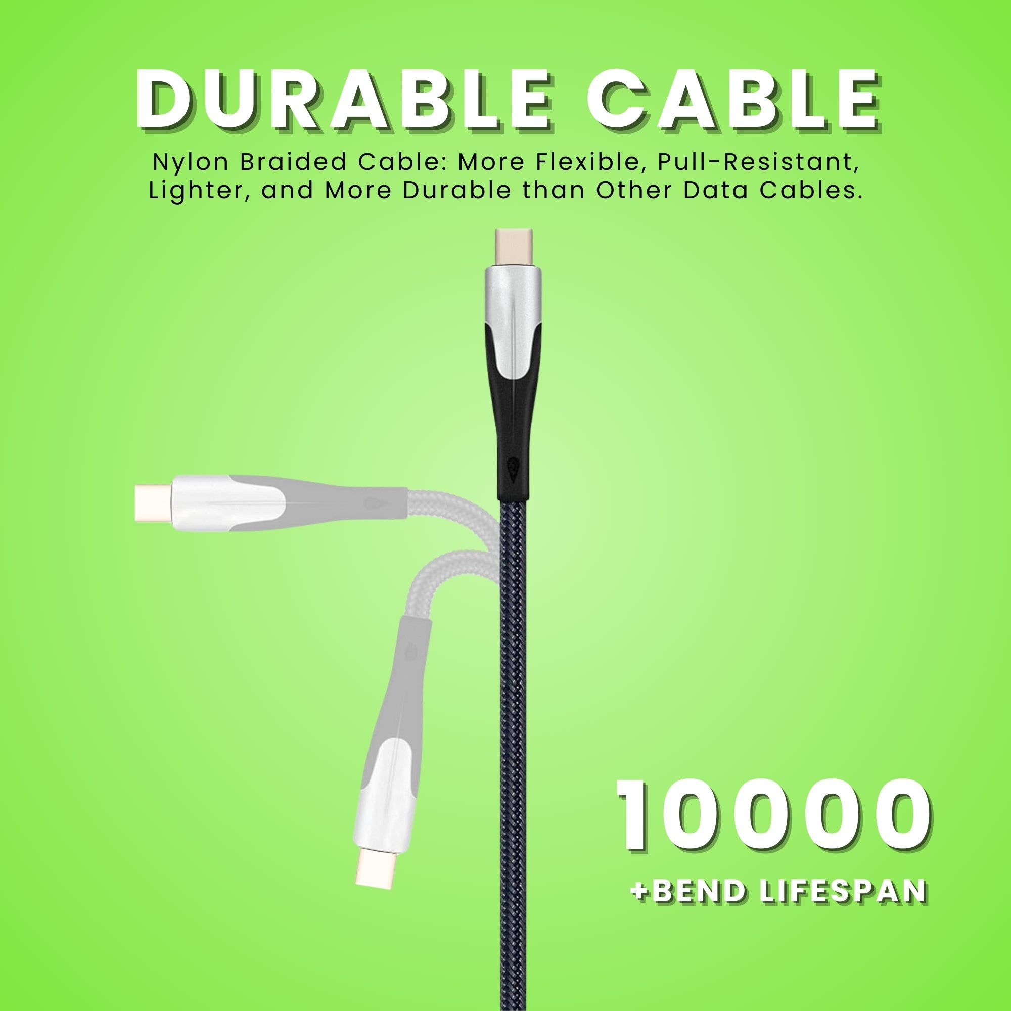 Vibe Fast Charging Type C to Type C Cable, displaying the cable is durable with 10000+ bend test lifespan.