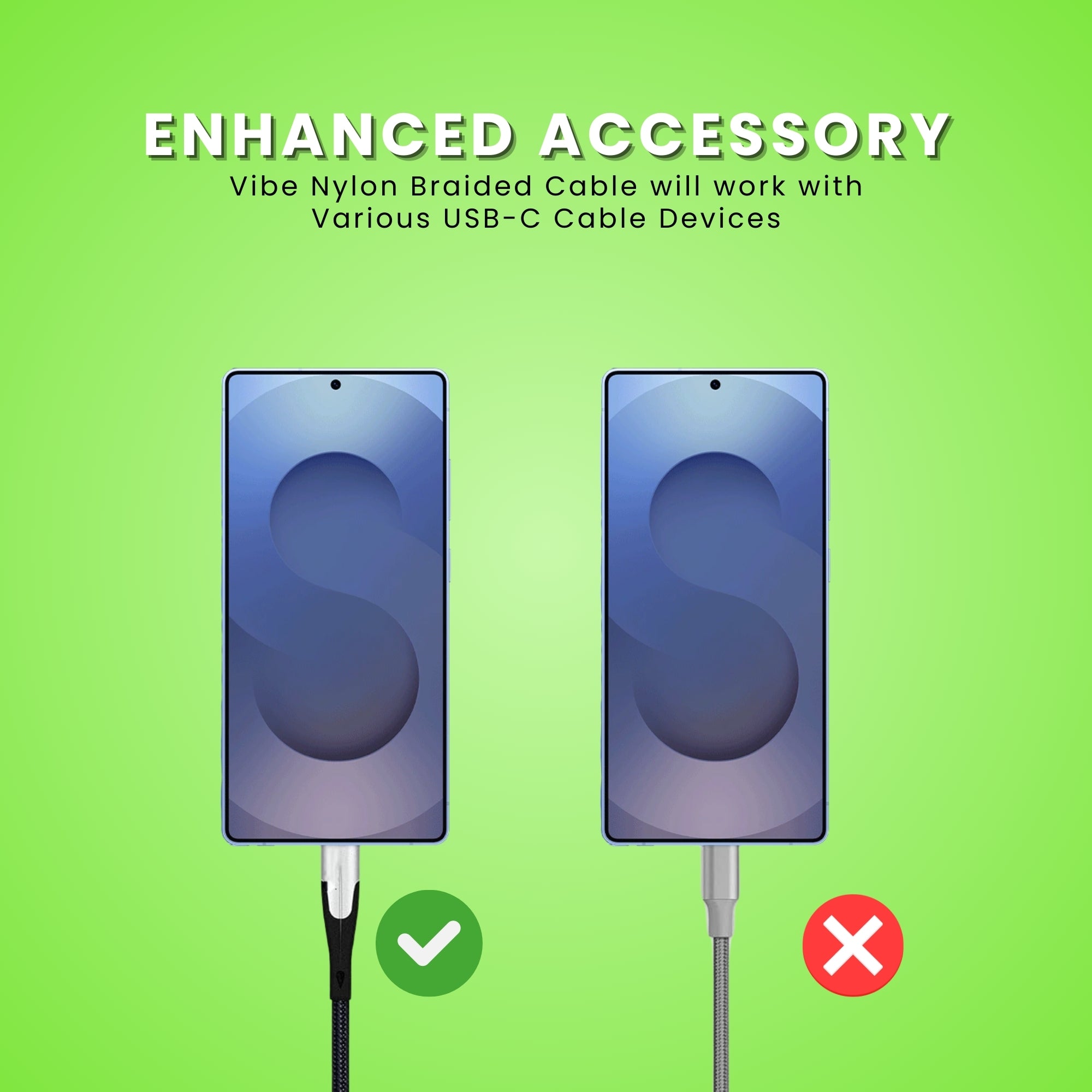 Vibe Fast Charging Type C to Type C Cable, displaying the cable connected to phone.