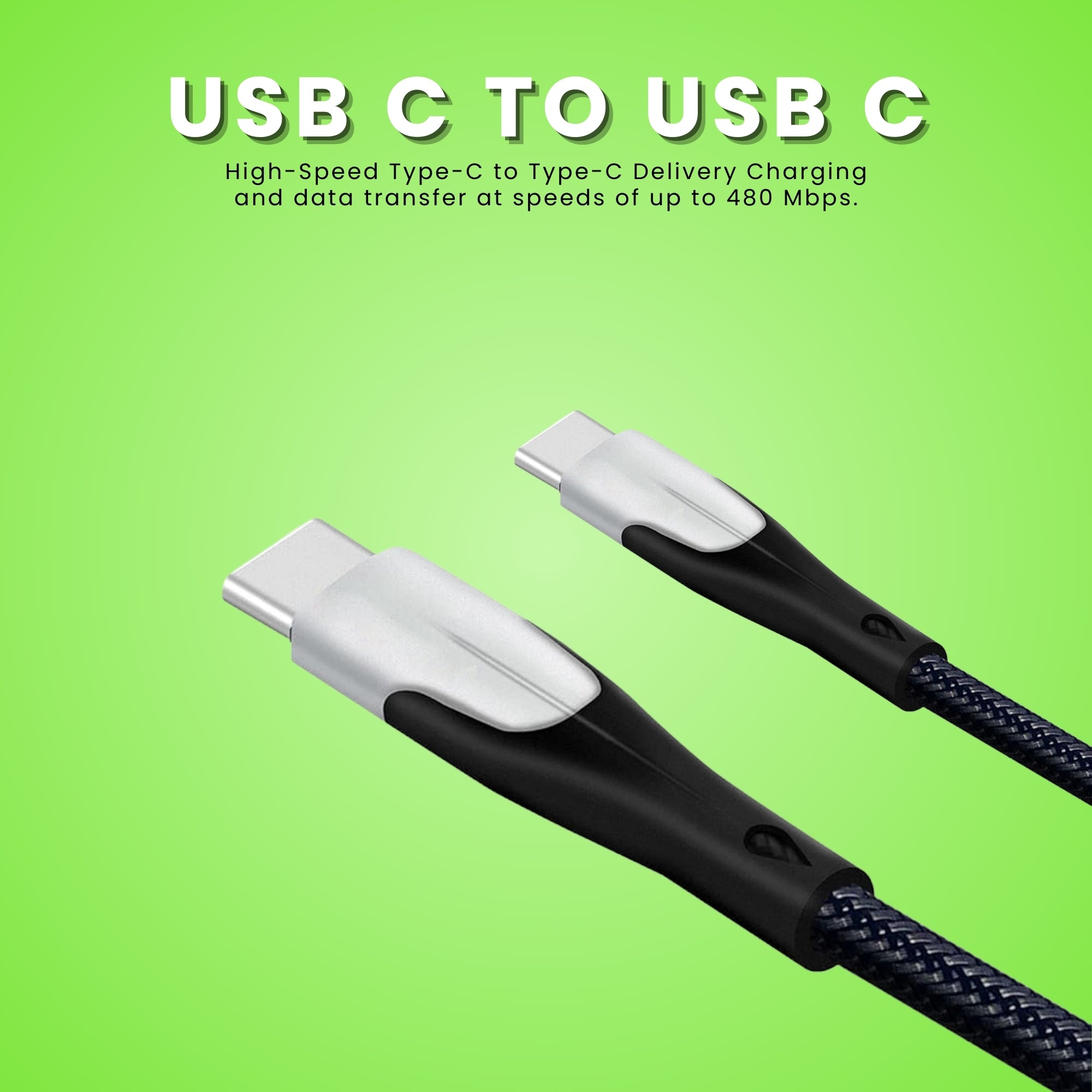 Vibe Fast Charging Type C to Type C Cable, displaying the cable on a green background.