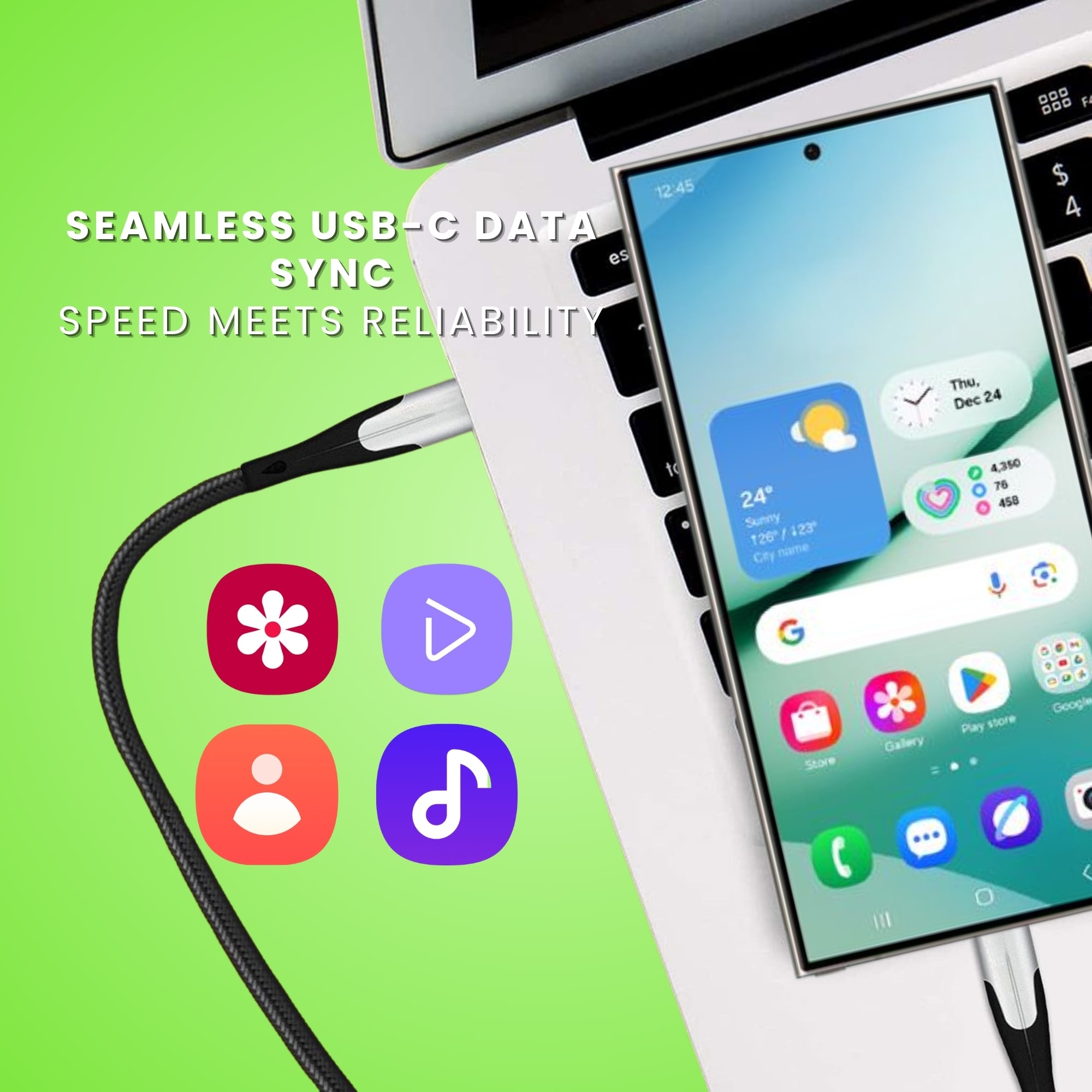 Vibe Fast Charging Type C to Type C Cable, displaying the cable provides seamless syncing and high speed connectivity.