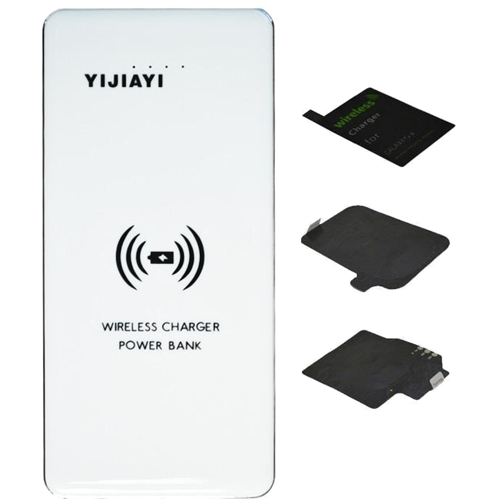 Wireless charging pad bank and receiver with a wireless charger pad and a mobile phone charging on it, along with an extra receiver component.
