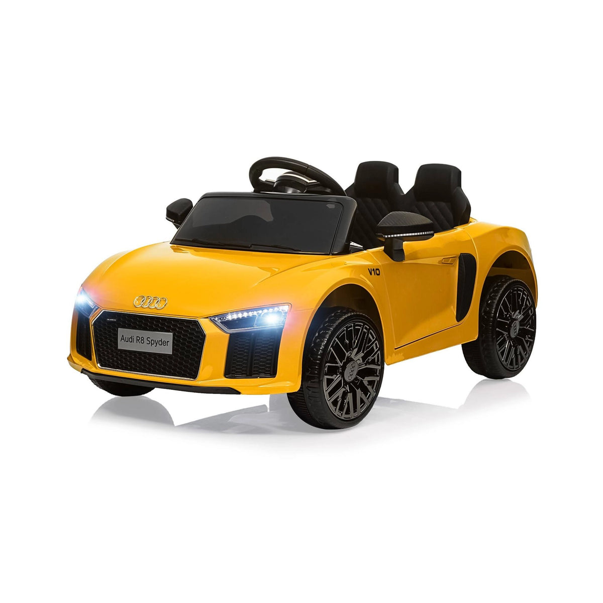 Yellow licensed Audi R8 Spyder 12V children's electric ride-on car with realistic Audi grille and sporty black wheels