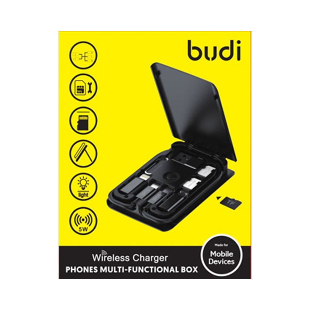 Packaging of Budi Multifunction Wireless Charger displaying the charger with various devices connected to it, placed on a white background.
