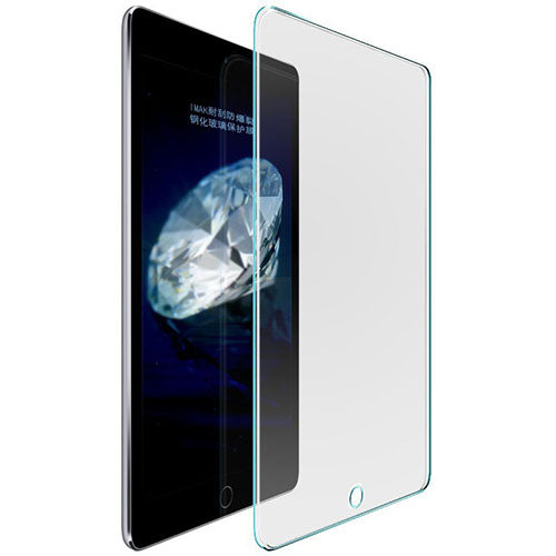 A clear tempered glass screen protector for the iPad Pro 12.9' 2nd Generation, shown in relation to the size of the device.