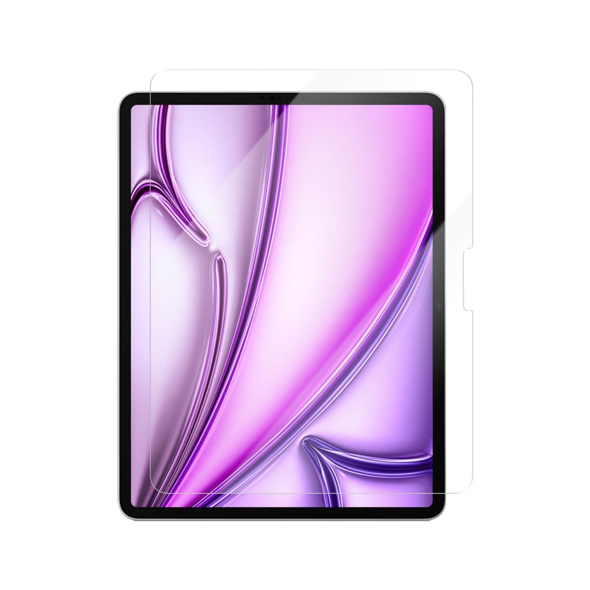 A clear tempered glass screen protector for the iPad Air, showing the protector applied on the iPad screen.