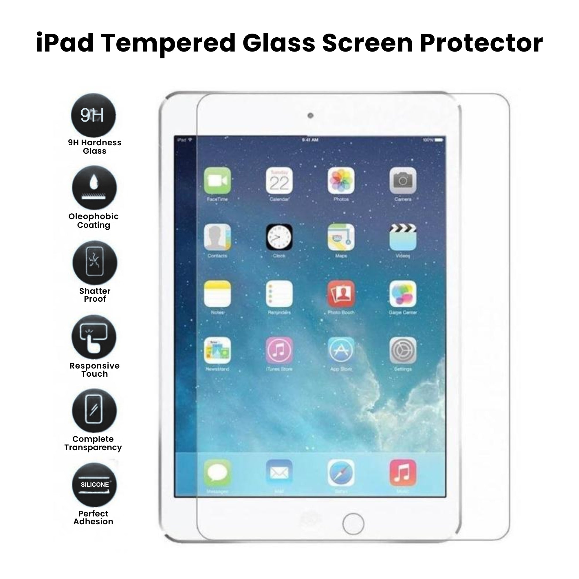 A clear tempered glass screen protector for all iPad models, displayed on a white background.