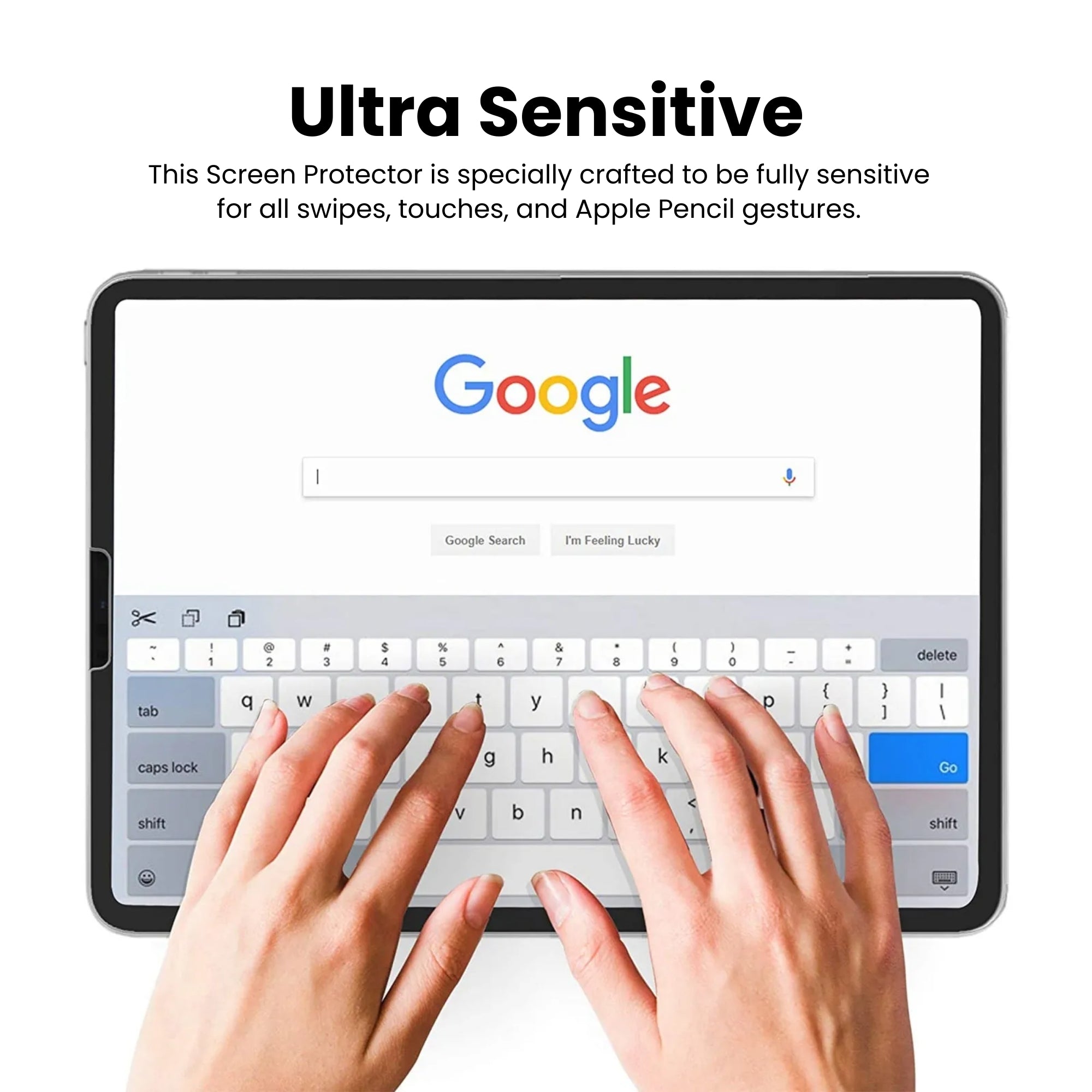 iPad Air 4 & 5 tempered glass screen protector showing ultra sensitive protector on the iPad over a white background.