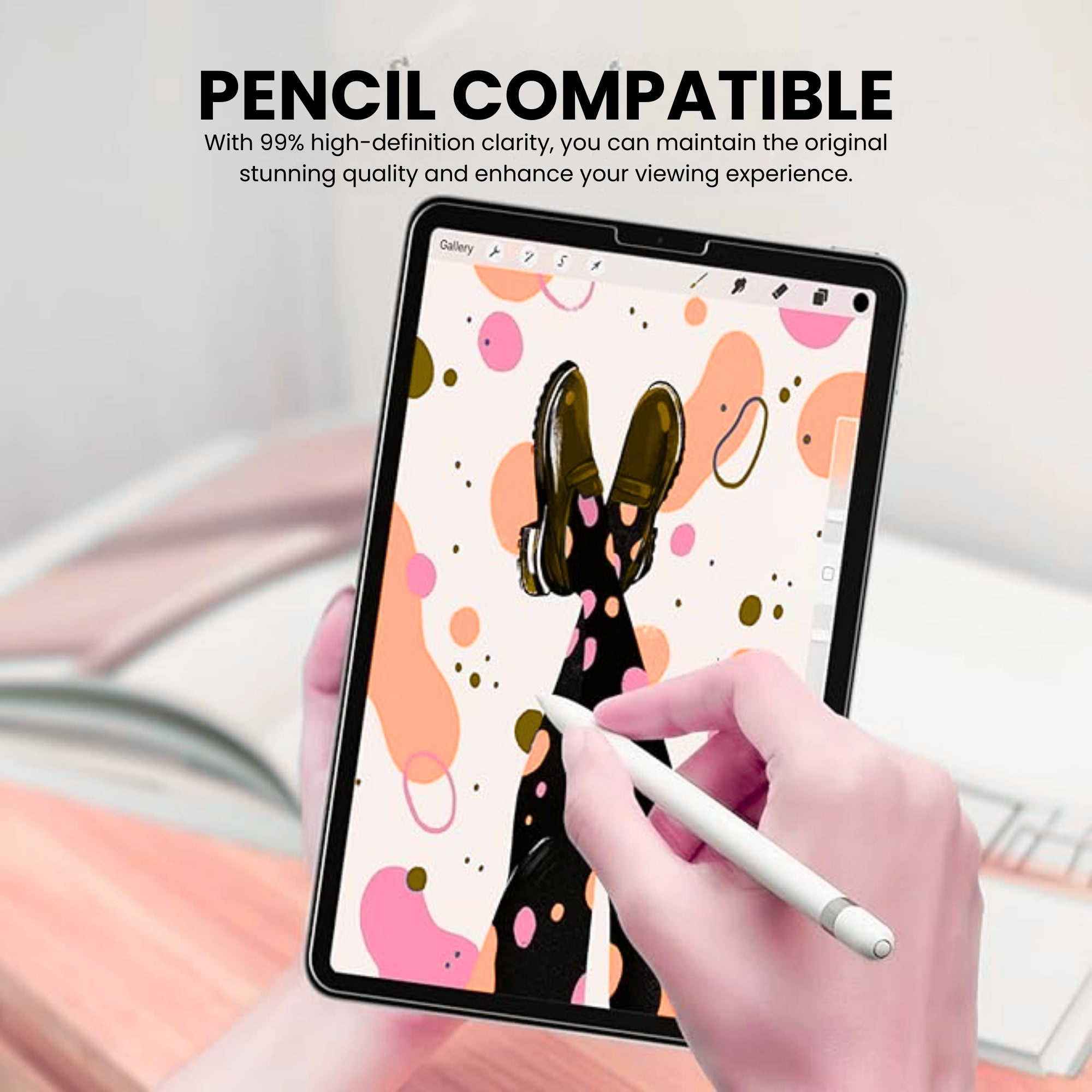 iPad Air 4 & 5 tempered glass screen protector showing pencil compatible feature over a white background.