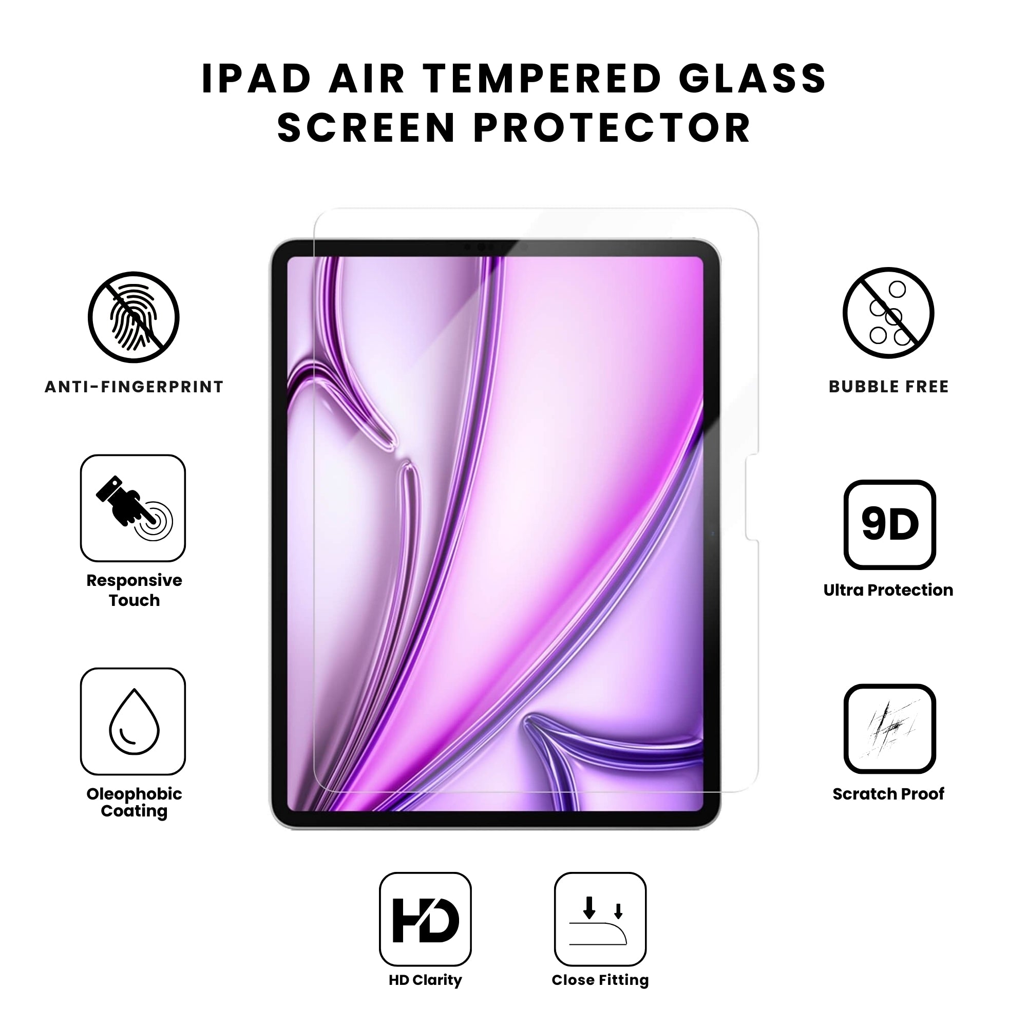 A clear tempered glass screen protector for the iPad Air, showing the protector applied on the iPad screen.