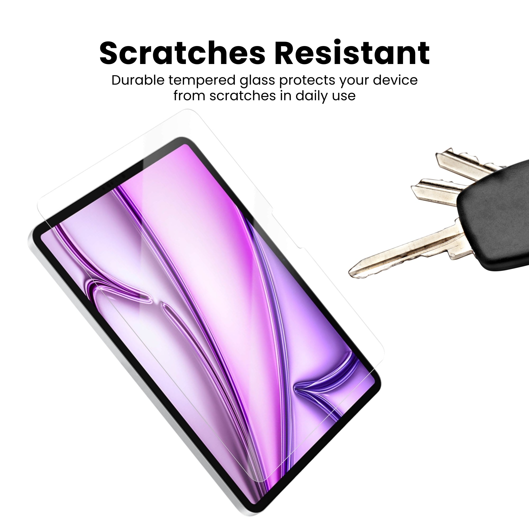 A clear tempered glass screen protector for the iPad Air, showing the protector applied on the iPad screen.