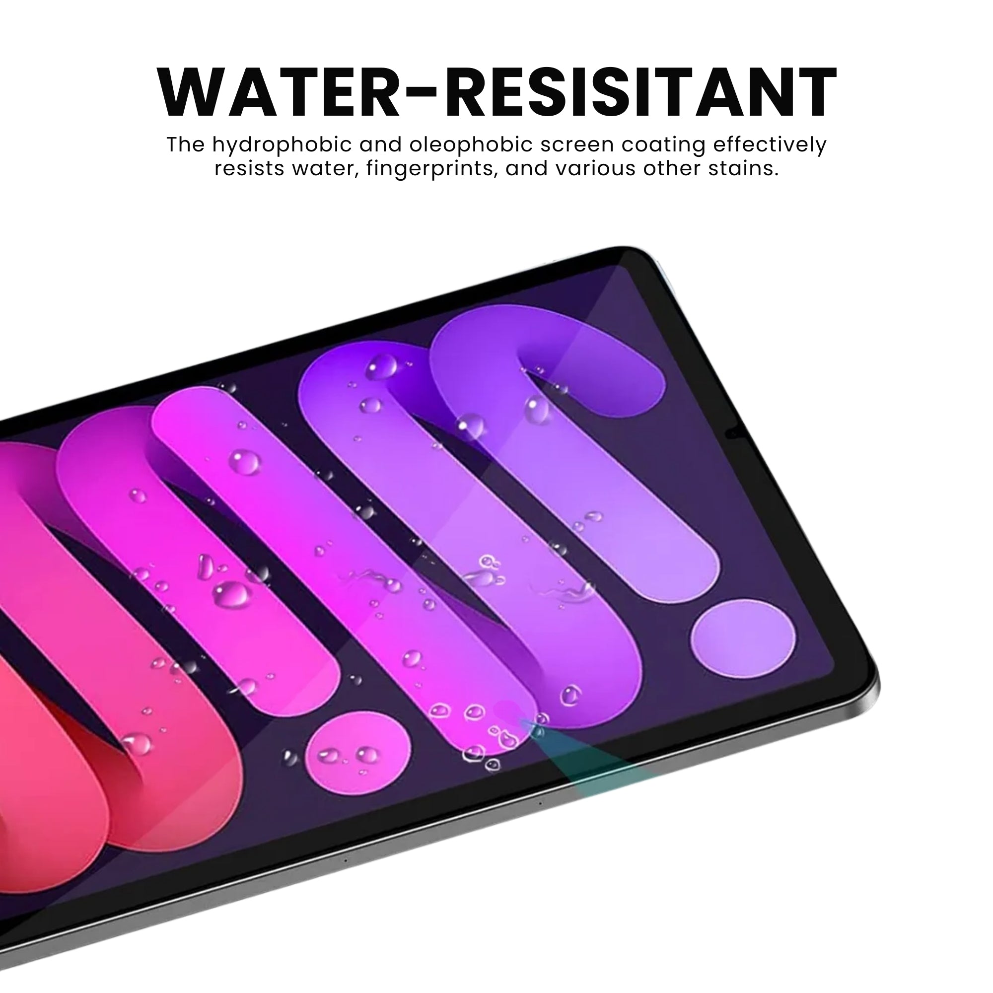 A clear tempered glass screen protector for the iPad Mini 6, displayed on the device screen indicating water resistant screen.