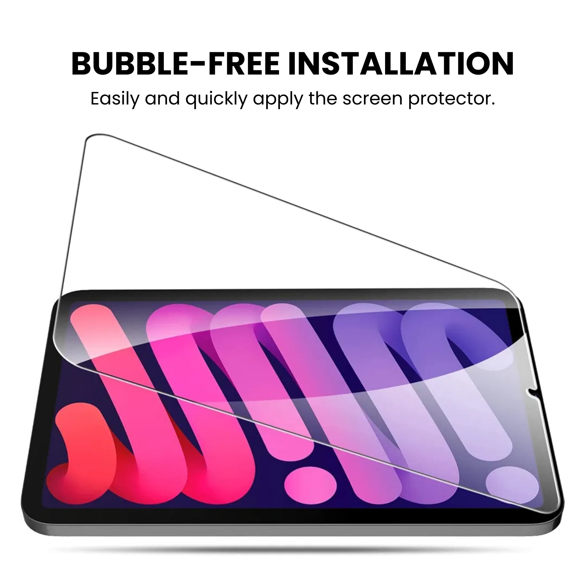 A clear tempered glass screen protector for the iPad Mini 6 with bubble free installation, displayed over the device screen.