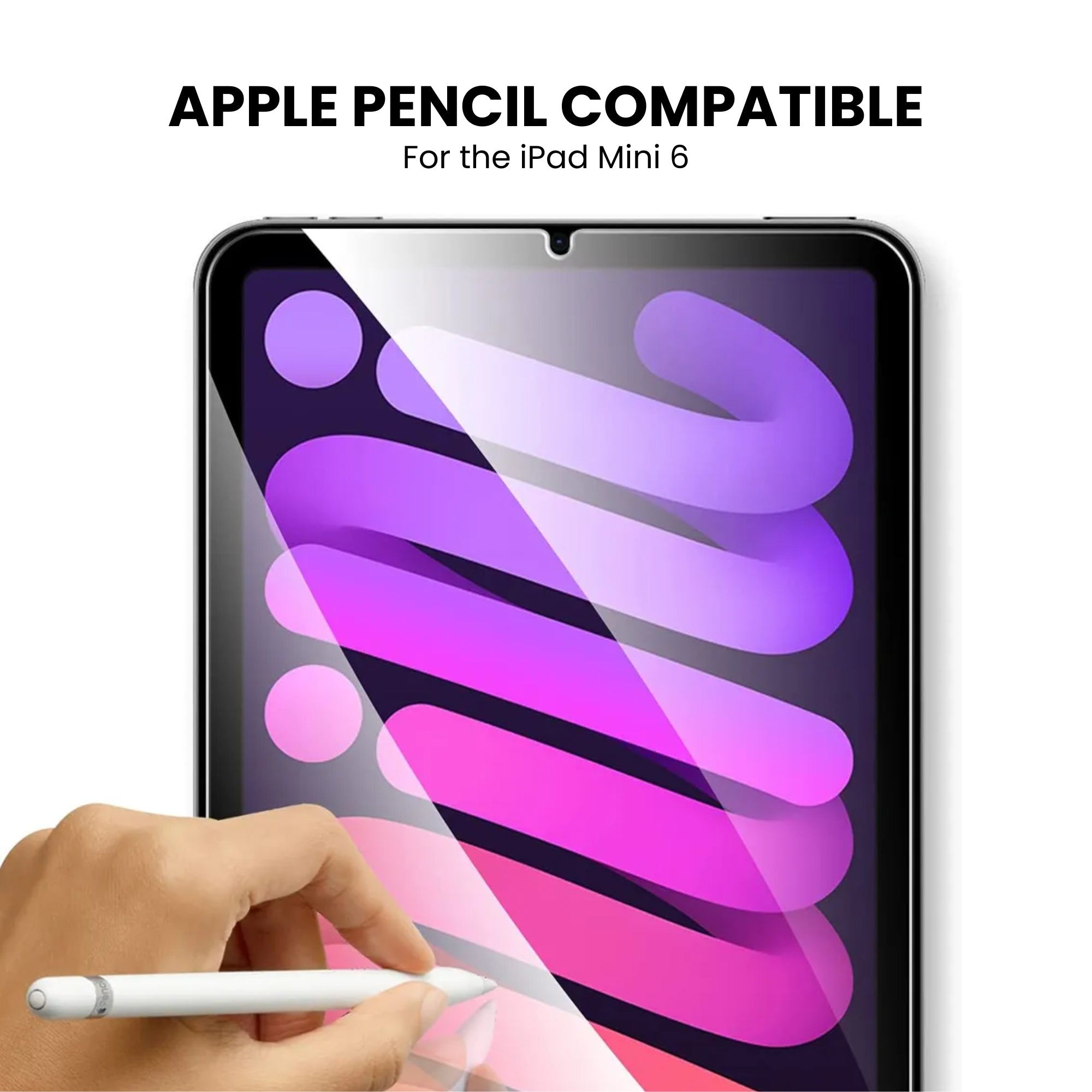 A clear tempered glass screen protector for the iPad Mini 6 indicating apple pencil compatibility, displayed on a white background.