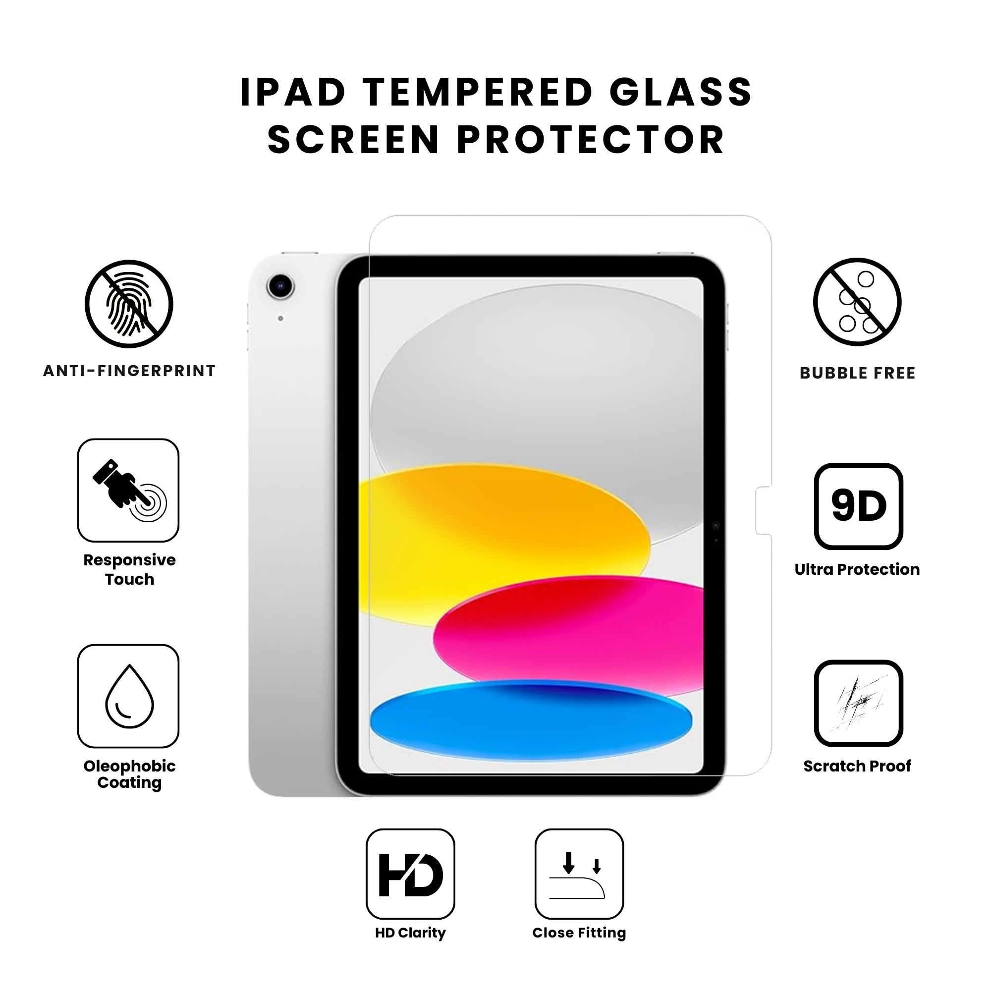 A clear tempered glass screen protector for iPad, displayed on the back of the device, indicating its transparency and fit for the screen.