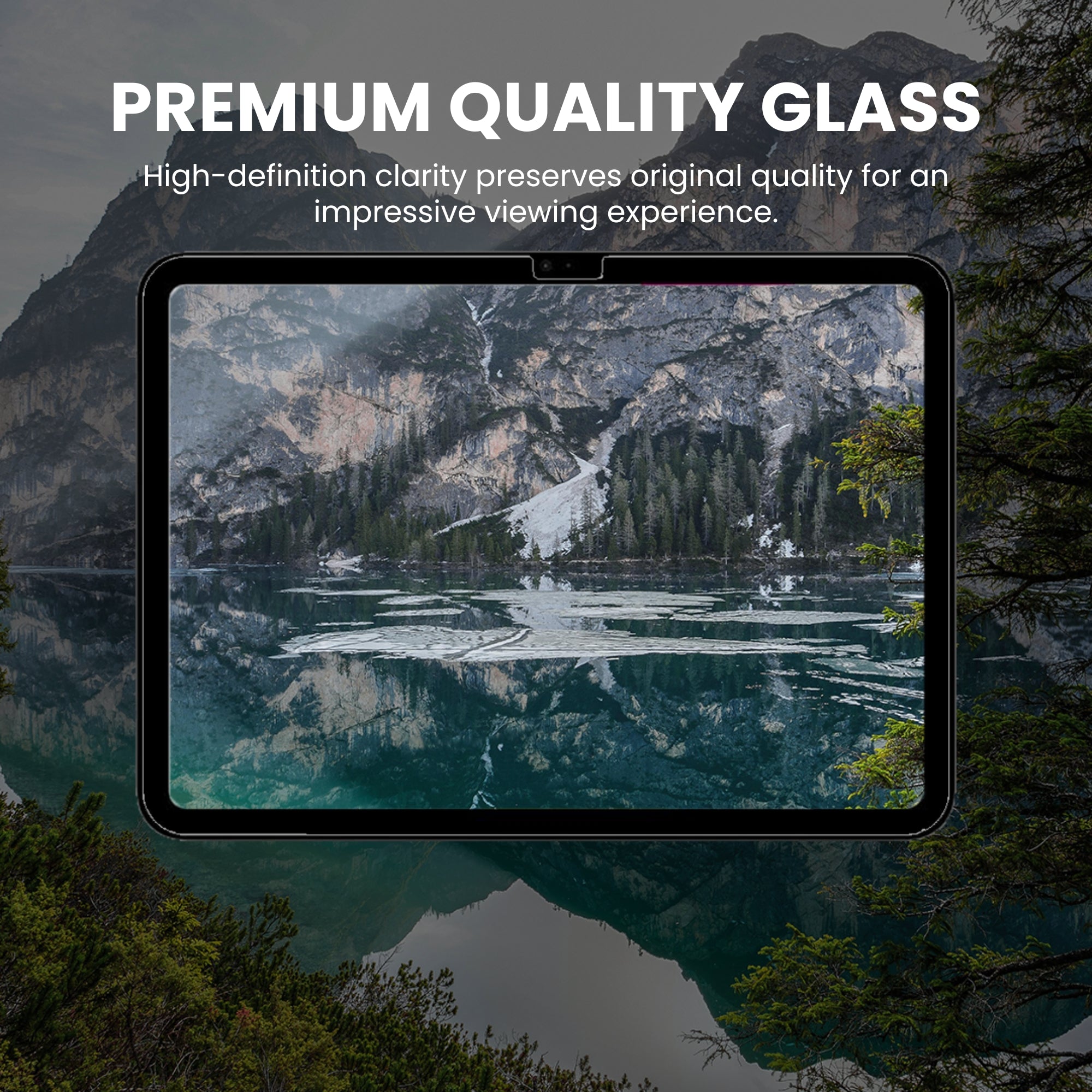 A clear tempered glass screen protector for iPad, indicating its transparency and fit for the screen with premium quality glass.