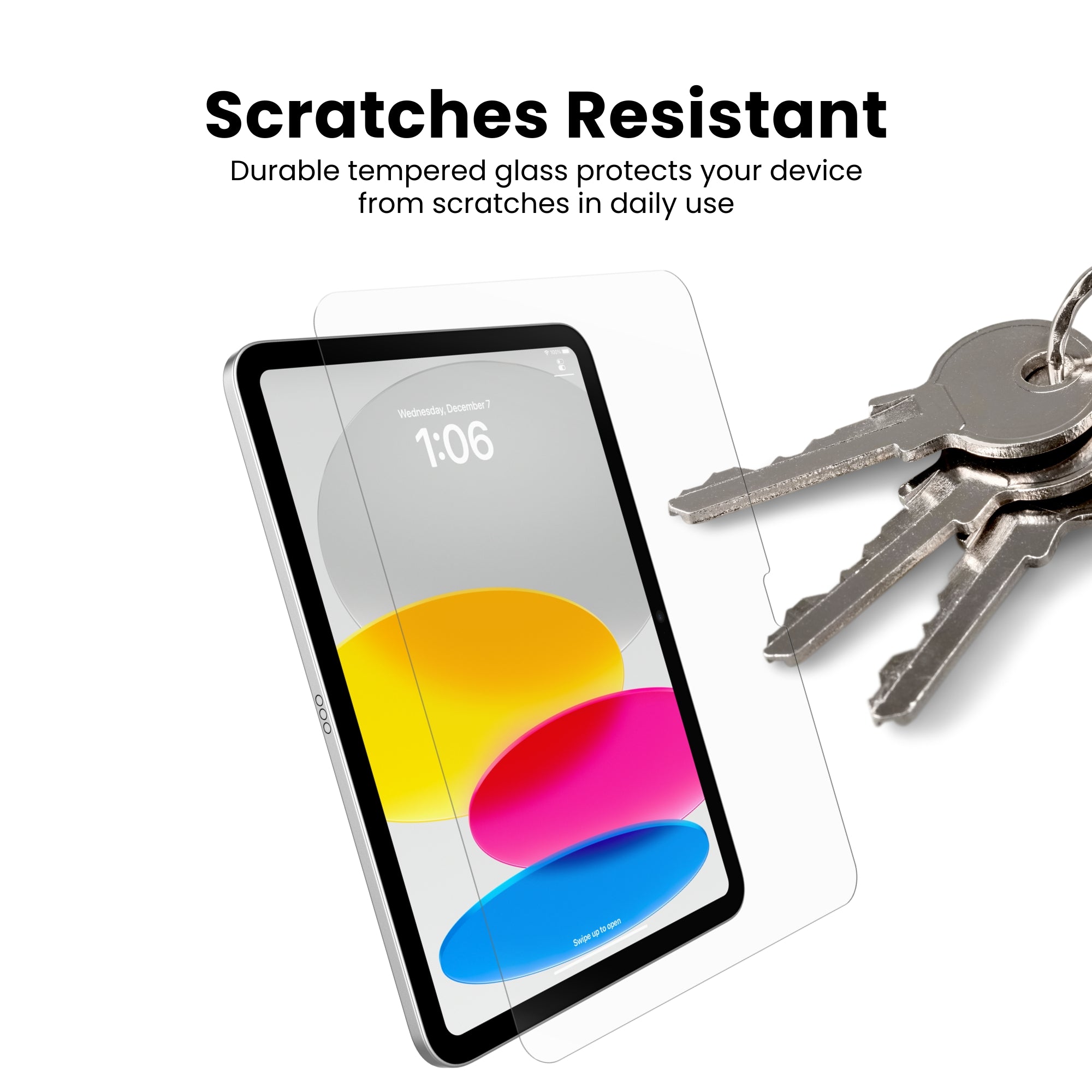 A clear tempered glass screen protector for iPad, displayed on front of the device, indicating its transparency and fit for the screen.