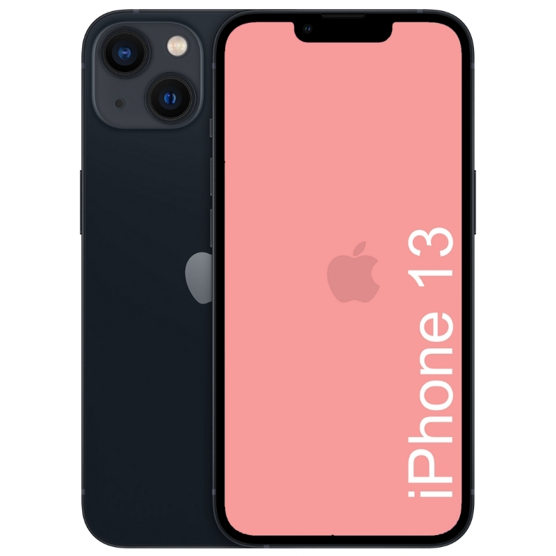 A refurbished green iPhone 13 with a pink screen, showcasing the dual camera system on the back and the iPhone branding.