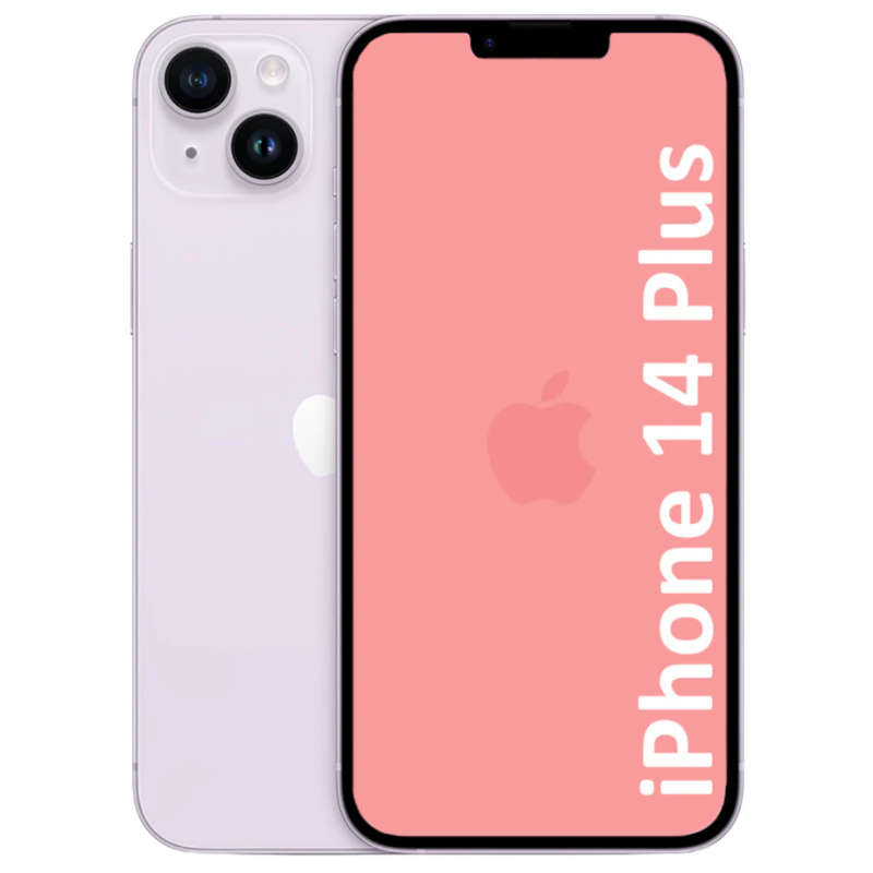 Refurbished iPhone 14 Plus with 'iPhone 14 Plus' text on a white background