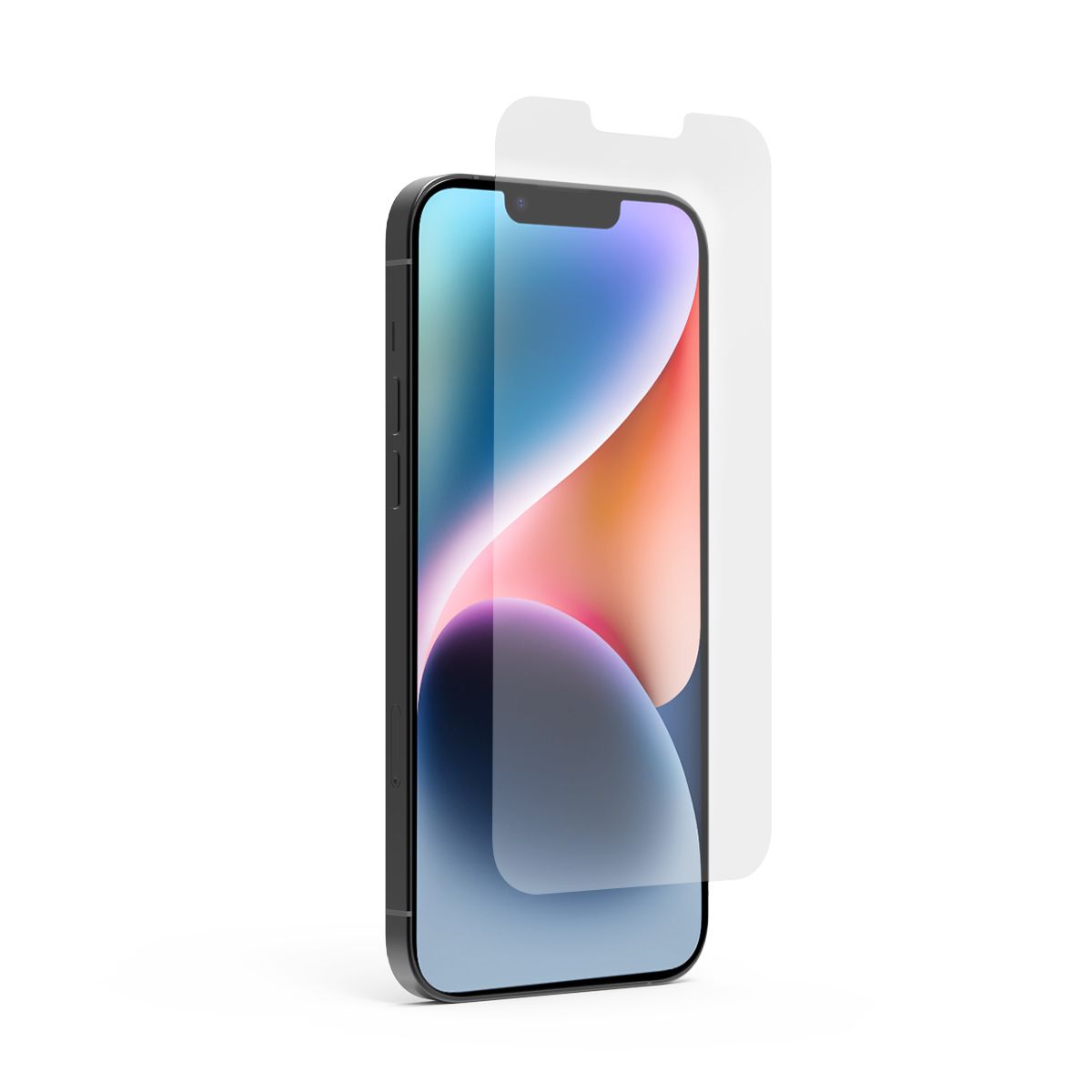 A clear screen protector for the iPhone 14 Plus, depicted in a vertical orientation with the iPhone's display visible.