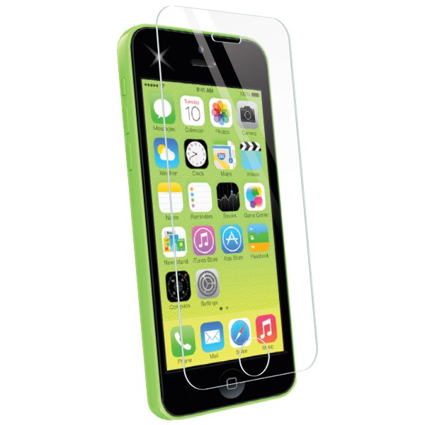 An image showing a screen protector for the iPhone 5C, displayed on a white background, with a clear screen showing various app icons.