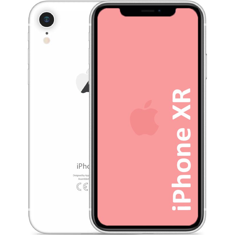 An iPhone XR in white color, showing the front with the screen on and the back of the phone with the camera and Apple logo visible.