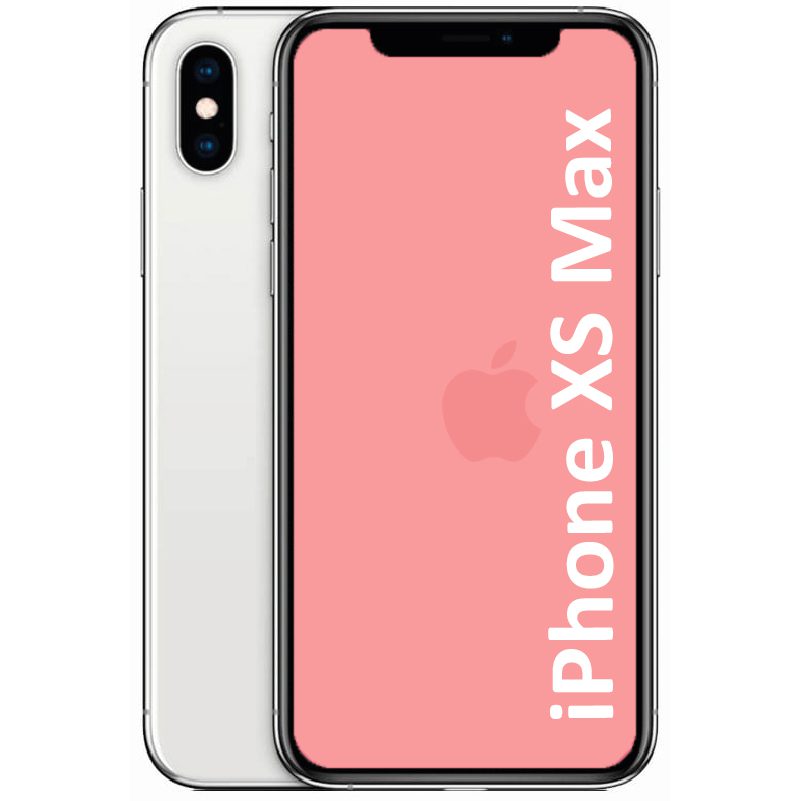 A Refurbished iPhone XS Max with a silver back and a pink screen displaying the text 'iPhone XS Max'.