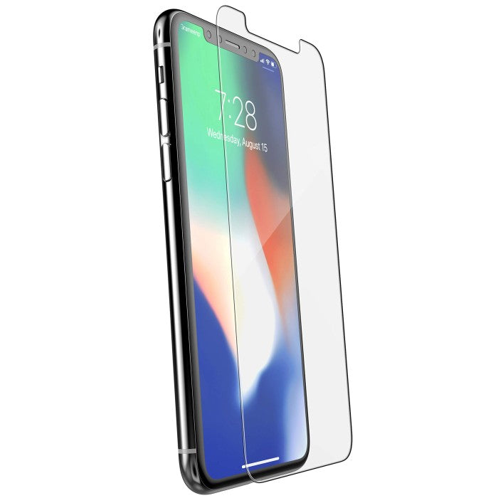iPhone XS Max screen protector placed on the screen showing the front view with the screen on.