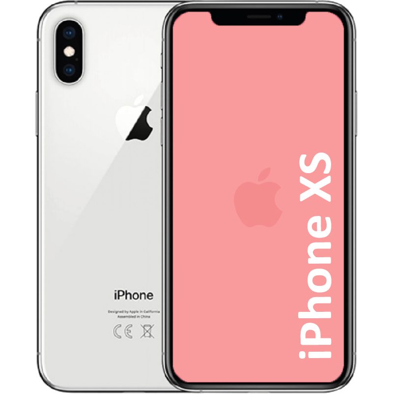 An image showing the back and front of a silver iPhone XS Refurbished with the screen displaying the iPhone XS logo.