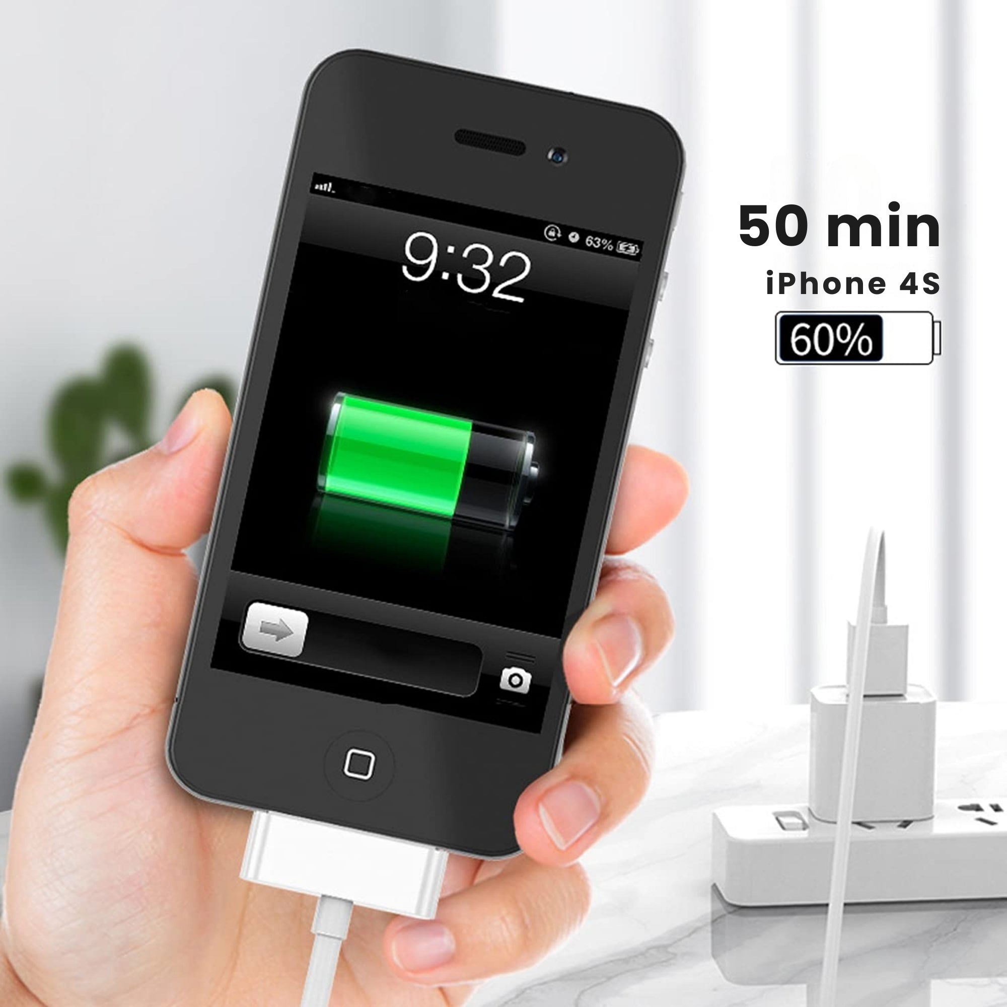 A white USB sync and data cable with a 30-pin connector on one end and a standard USB connector on the other end, compatible with iPhone, iPad, and iPod devices.