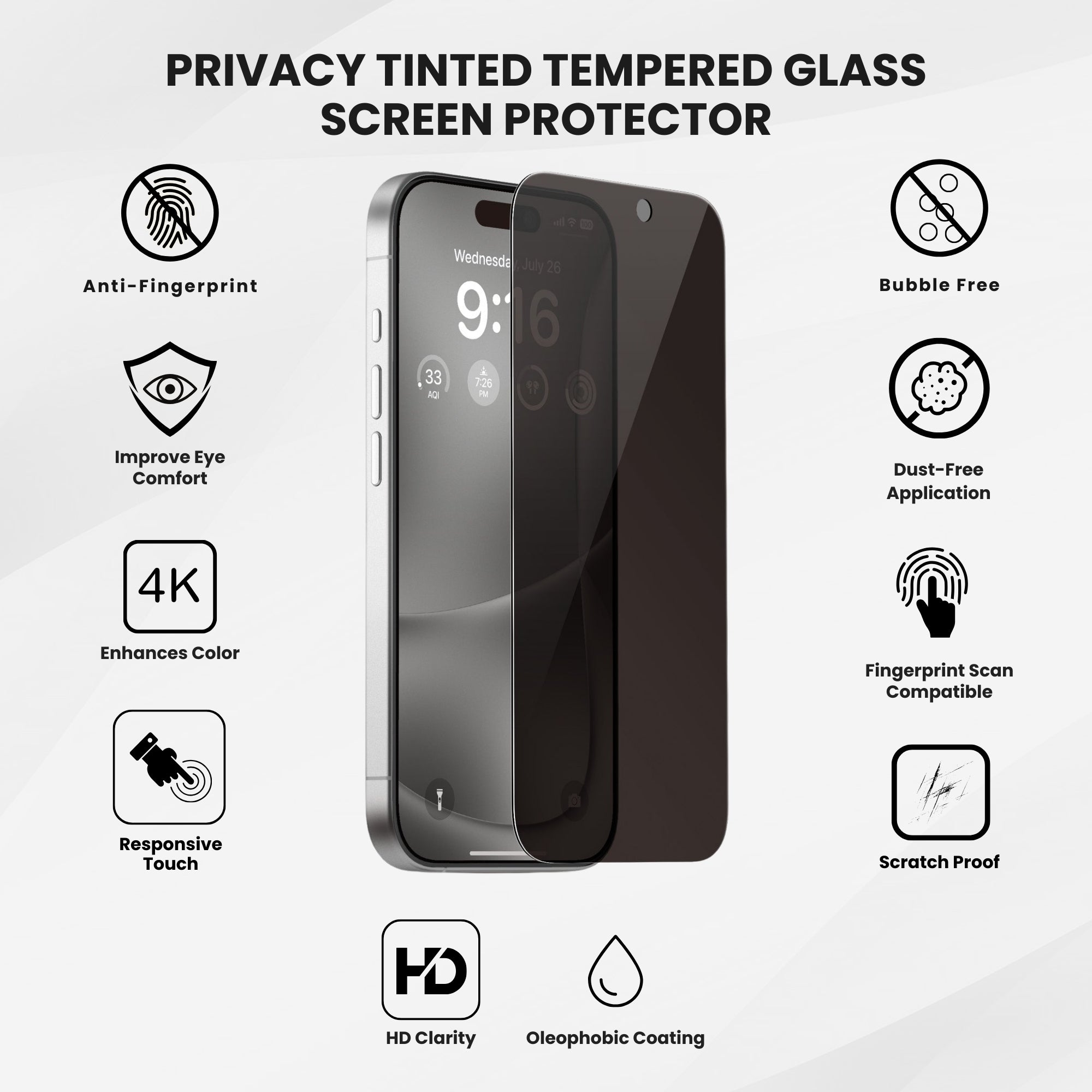 Tinted tempered glass screen protector for iPhone, showing all the features.