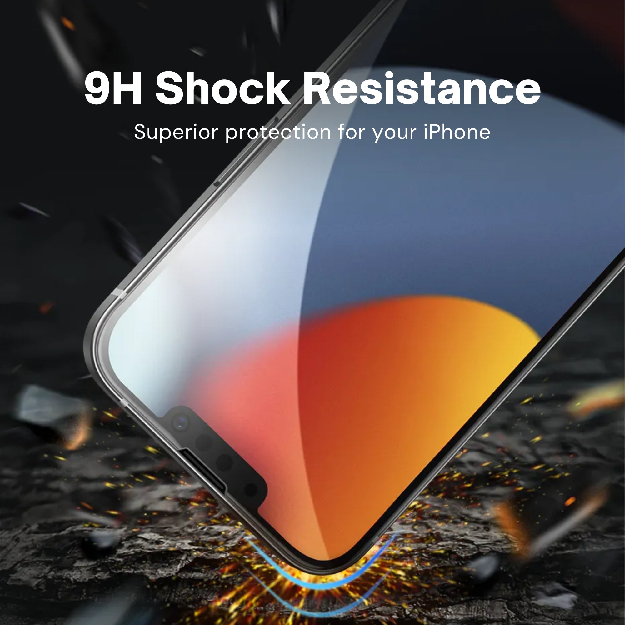 A tempered iPhone screen protector with 9H Shock Resistance.