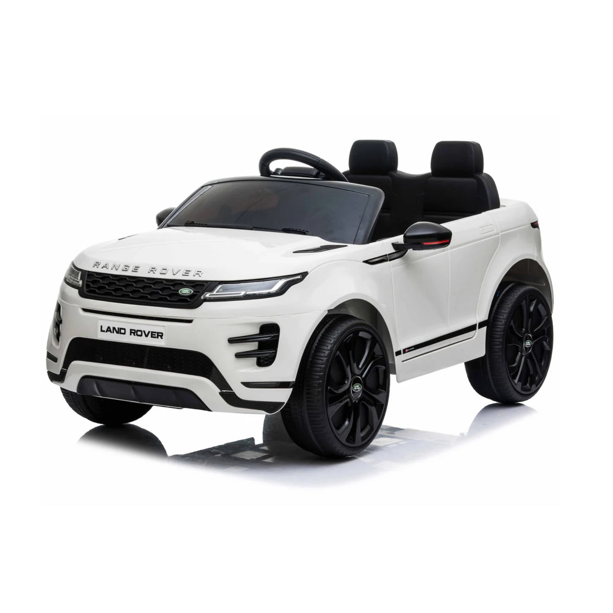 White Range Rover Evoque 12V Kids Electric Ride-On SUV with leather seating, black wheels and Range Rover branding