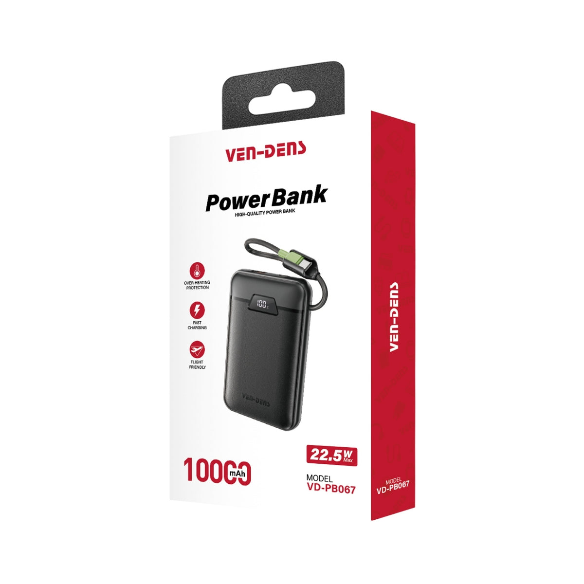 VEN-DENS VD-PB067 10000mAh 22.5W fast charging power bank original retail packaging showing product features