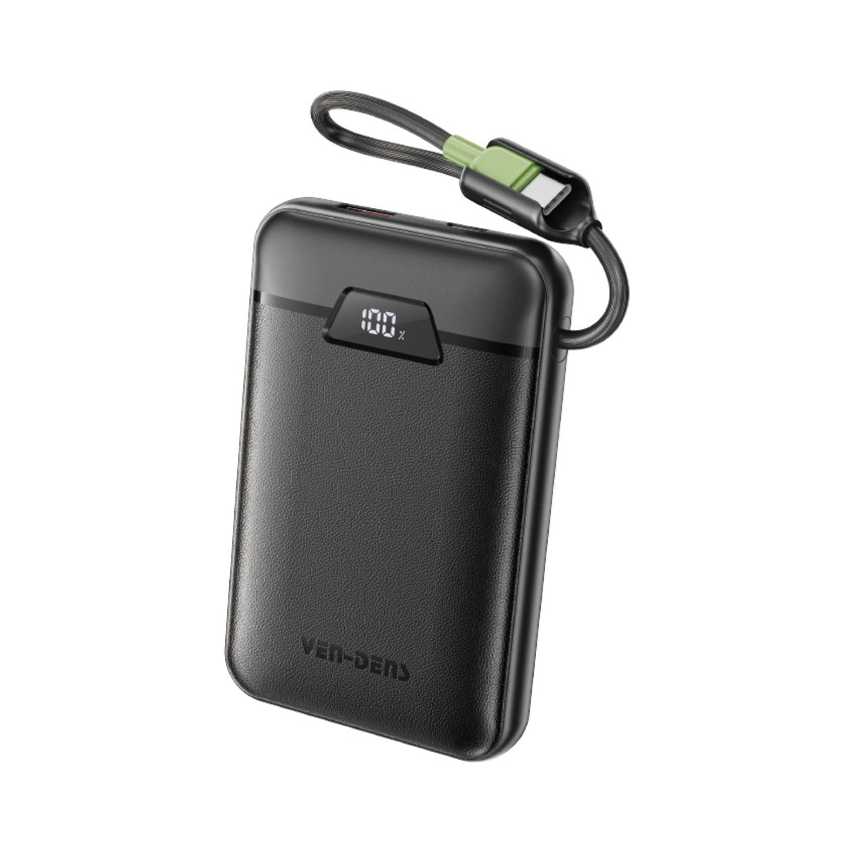 VEN-DENS VD-PB067 10000mAh fast charging power bank with built-in USB-C and Lightning cables, digital display and carry strap