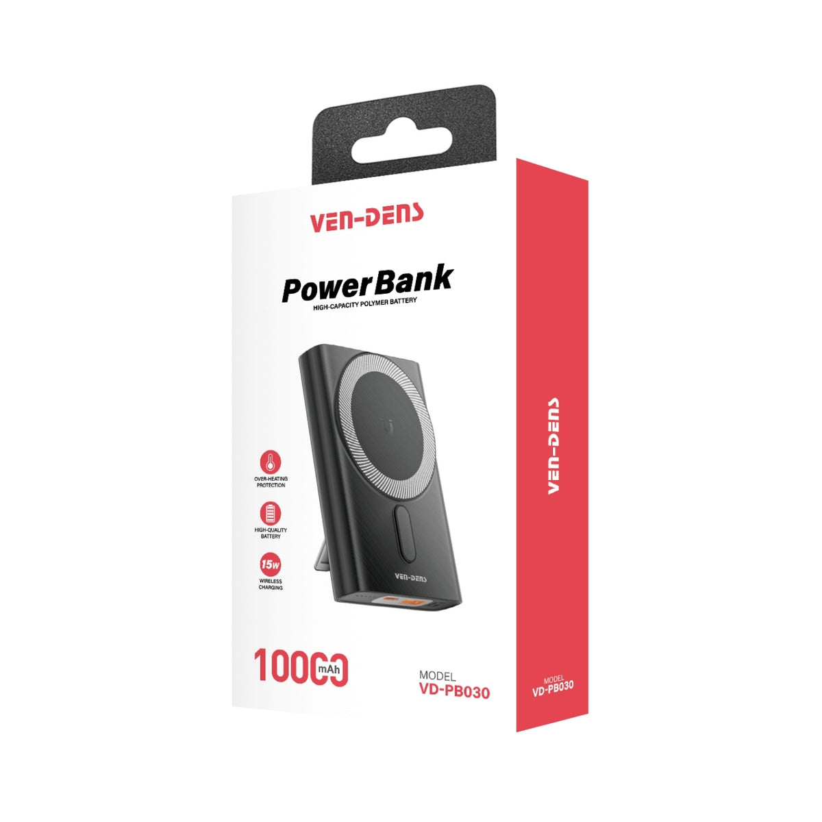VEN-DENS VD-PB030 10000mAh magnetic wireless power bank original retail packaging showing 15W wireless charging