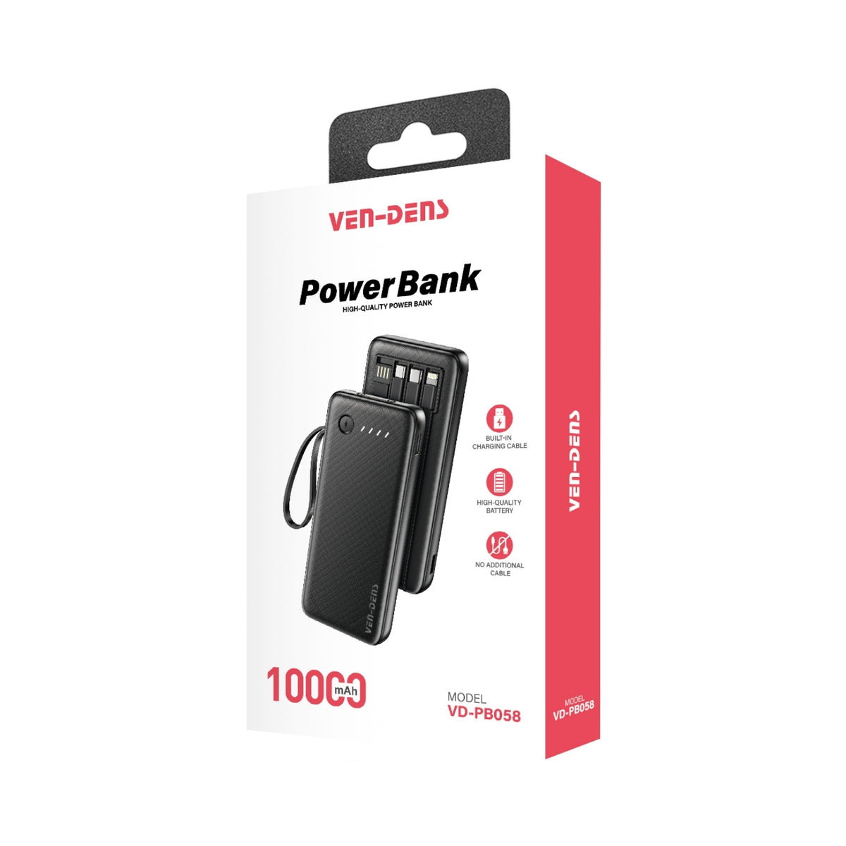 VEN-DENS VD-PB058 10000mAh power bank original retail packaging showing built-in charging cables and product details