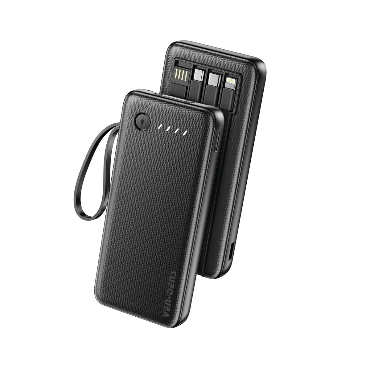 VEN-DENS VD-PB058 10000mAh portable power bank with built-in charging cables and LED battery indicator