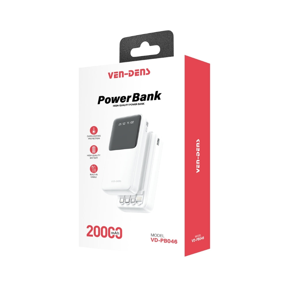 VEN-DENS VD-PB046 20000mAh power bank original retail box showing charging features