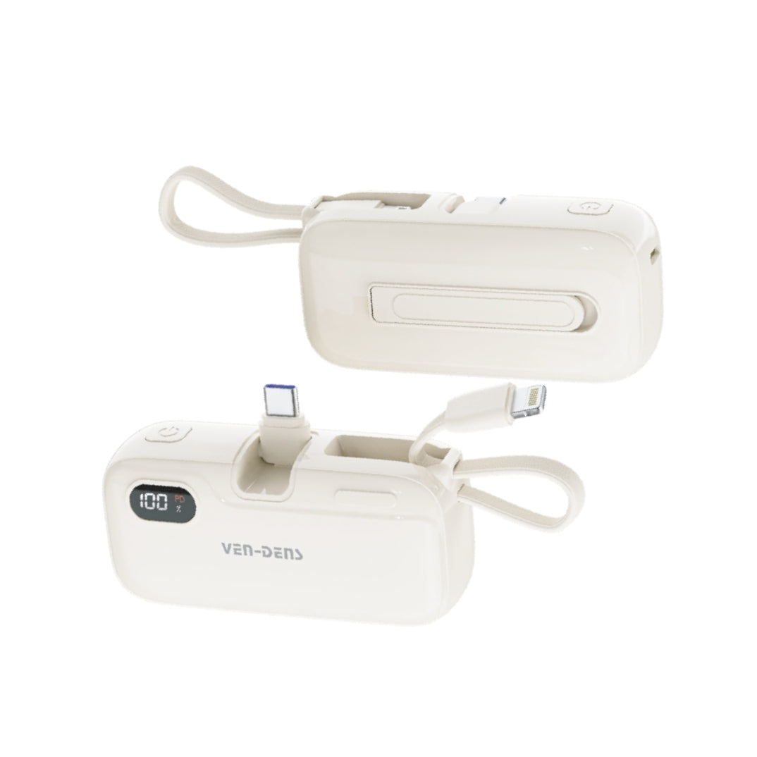 VEN-DENS VD-PB054 5000mAh mini power bank with built-in USB-C and Lightning charging connections and digital display