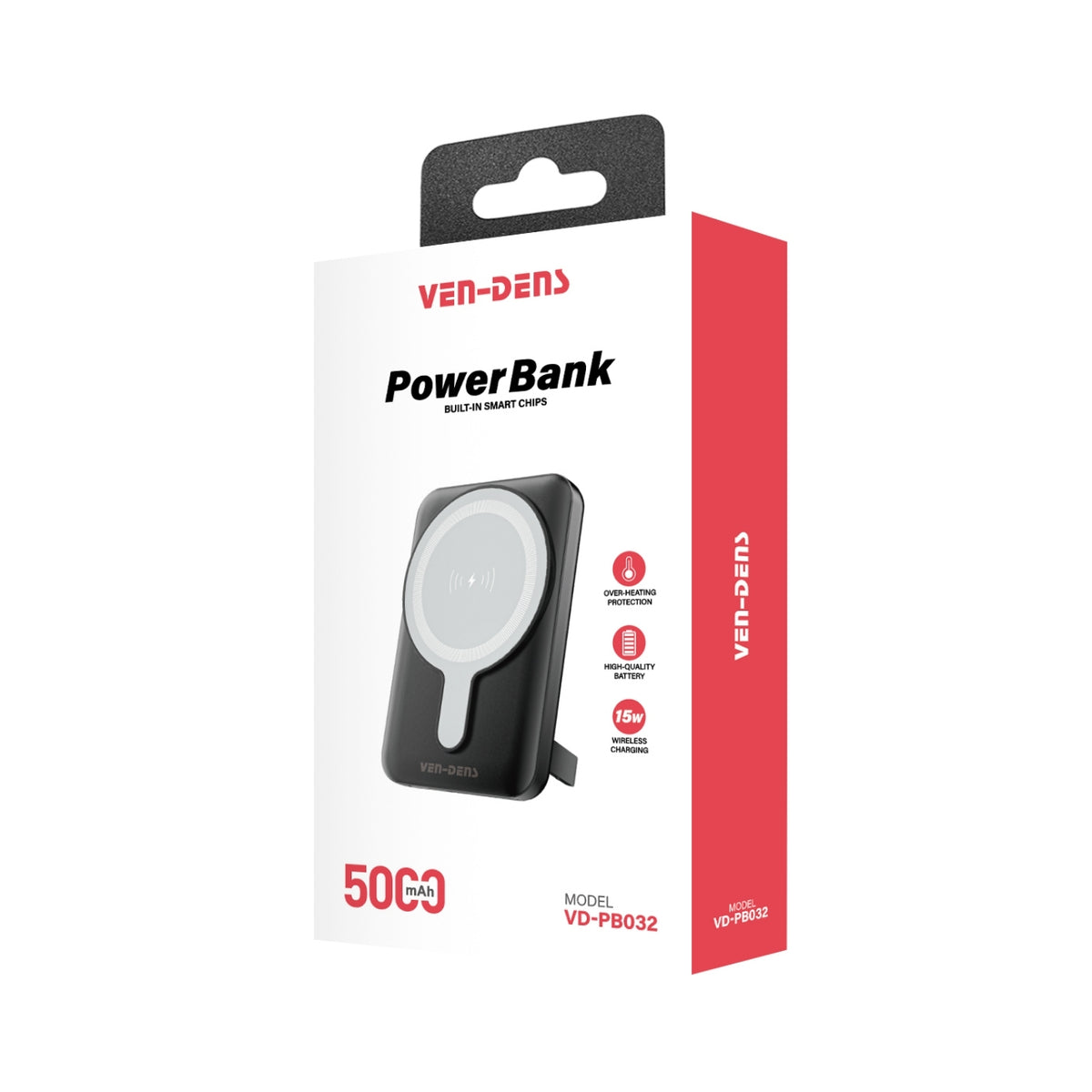 VEN-DENS VD-PB032 5000mAh magnetic wireless power bank original retail box showing product features