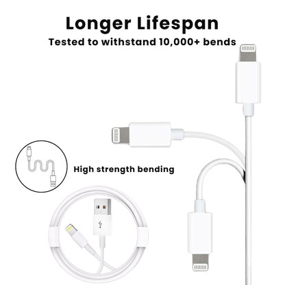 1 Metre Genuine Apple Lightning Charging USB Cable For iPhones and iPads, tested to withstand 10,000+ bends displayed over a plain background
