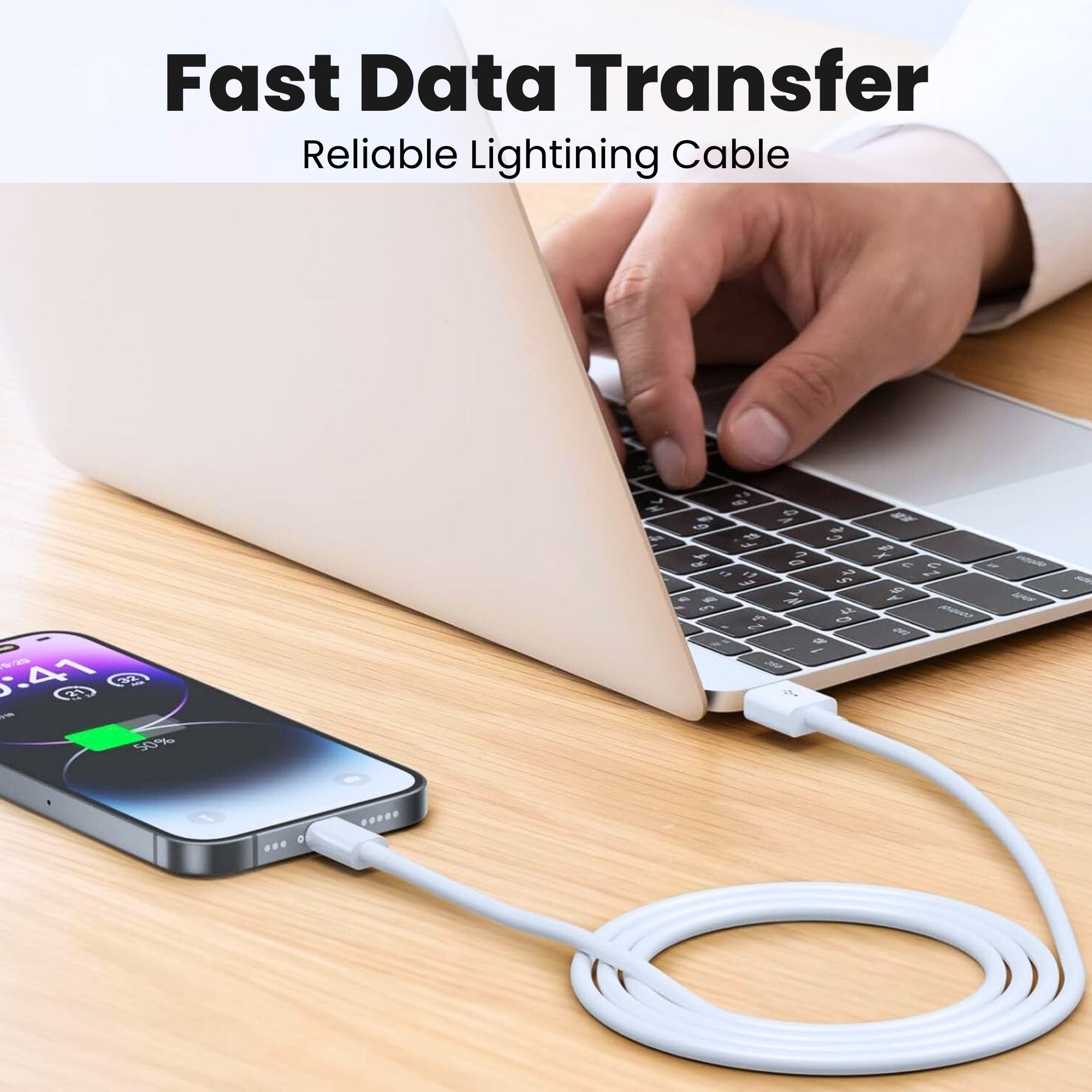 1 Metre Genuine Apple Lightning Charging USB Cable For iPhones and iPads with fast data transfer displayed over a table and attached to the laptop