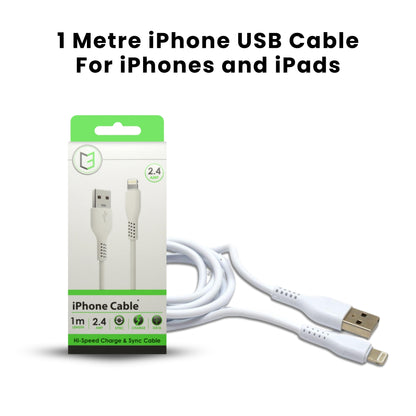 1 Metre iPhone USB Cable Charger Lead displayed over a white background with its box