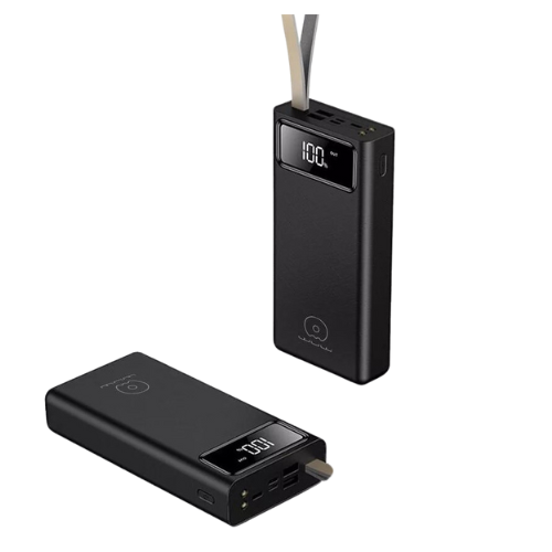 A black portable 20,000mAh power bank with a digital display showing the power level, featuring multiple charging ports.